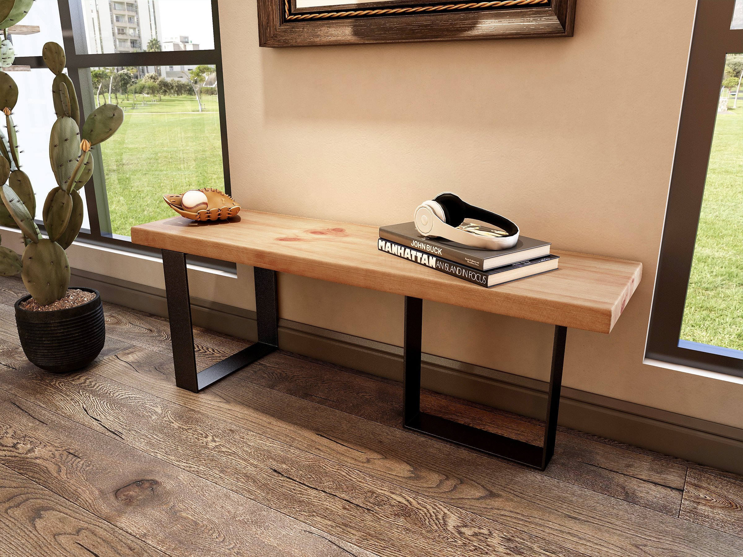 HMR - Rustic Natural Wood Bench Entryway Bench with Metal Legs