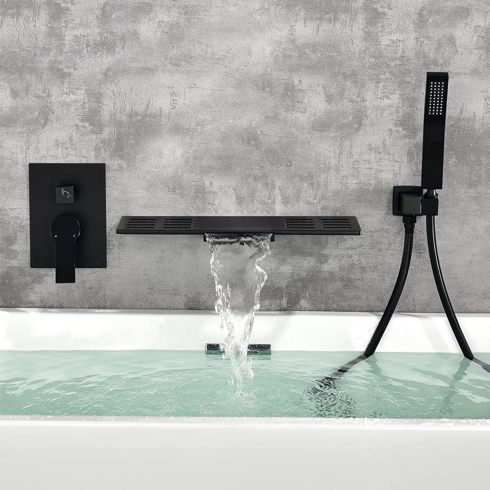 HMR - Modern Waterfall Wall Mounted Single Handle Bathtub Faucet With Handshower in Black