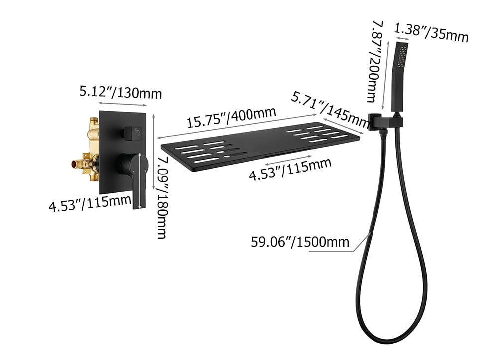 HMR - Modern Waterfall Wall Mounted Single Handle Bathtub Faucet With Handshower in Black