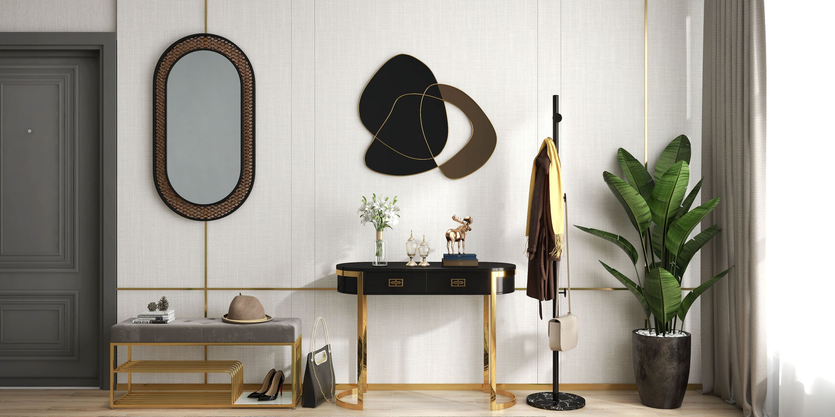HMR - 31.5" Abstract 3D Metal Big Wall Decor Unique Modern Irregular Home Art in Black & Gold