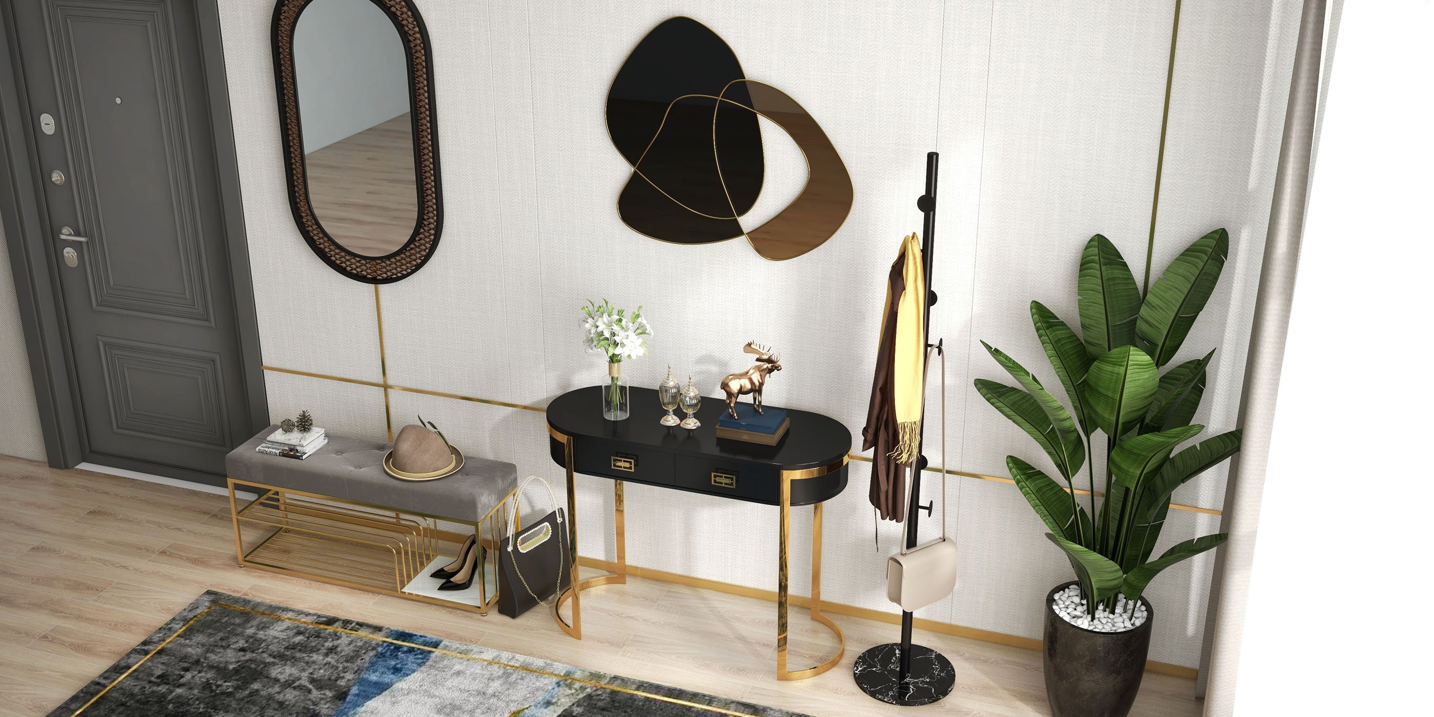 HMR - 31.5" Abstract 3D Metal Big Wall Decor Unique Modern Irregular Home Art in Black & Gold