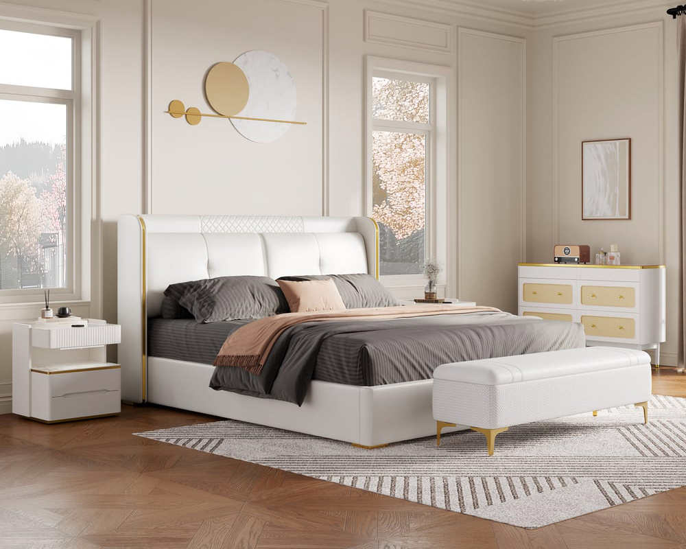 HMR - Leather Upholstered Bed with Wingback Headboard