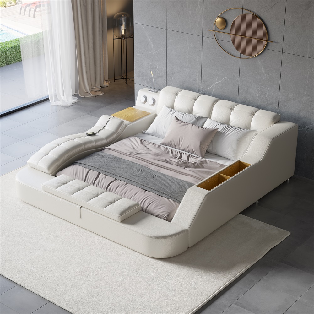 HMR - Ultimate Smart Bed King Tufted Upholstered Platform Bed with Massage, Storage & Speaker
