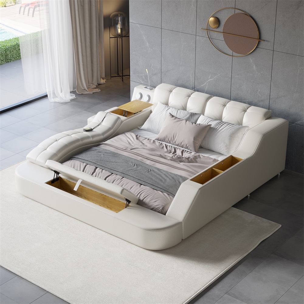 HMR - Ultimate Smart Bed King Tufted Upholstered Platform Bed with Massage, Storage & Speaker