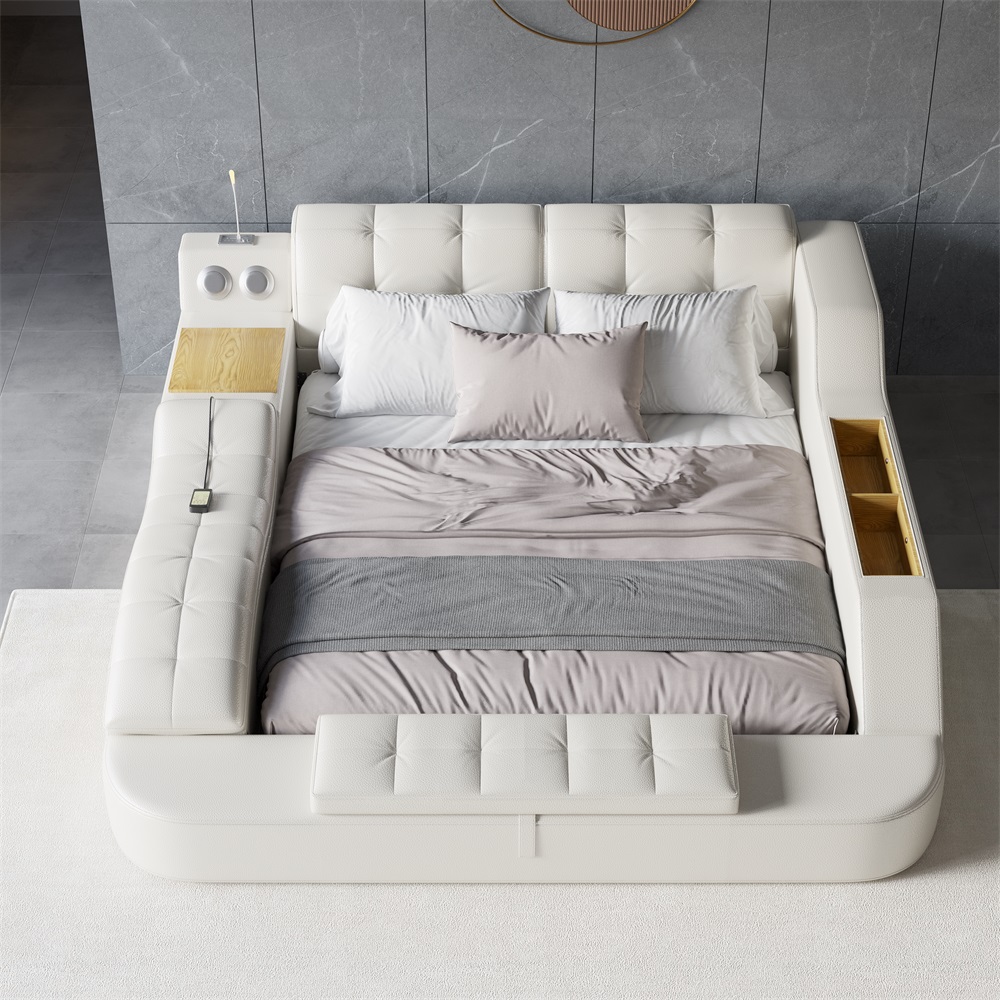 HMR - Ultimate Smart Bed King Tufted Upholstered Platform Bed with Massage, Storage & Speaker