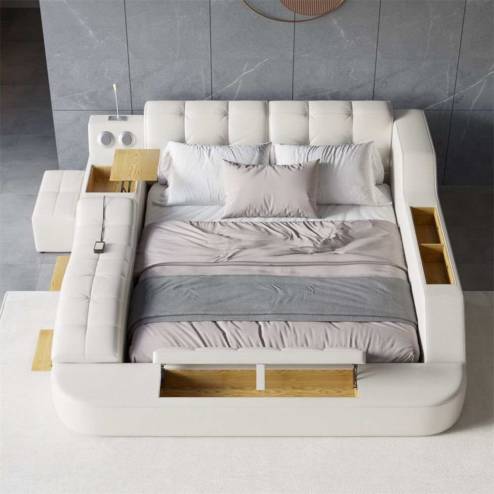 HMR - Ultimate Smart Bed King Tufted Upholstered Platform Bed with Massage, Storage & Speaker