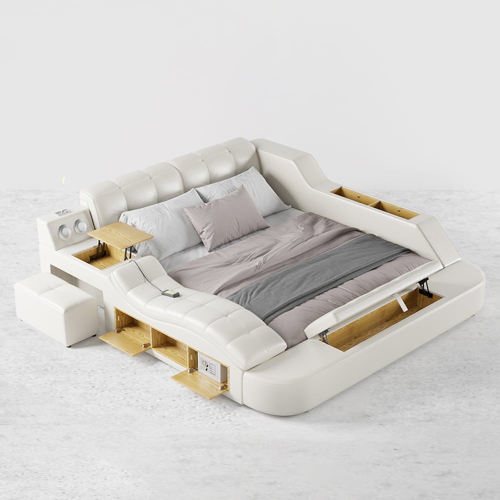 HMR - Ultimate Smart Bed King Tufted Upholstered Platform Bed with Massage, Storage & Speaker