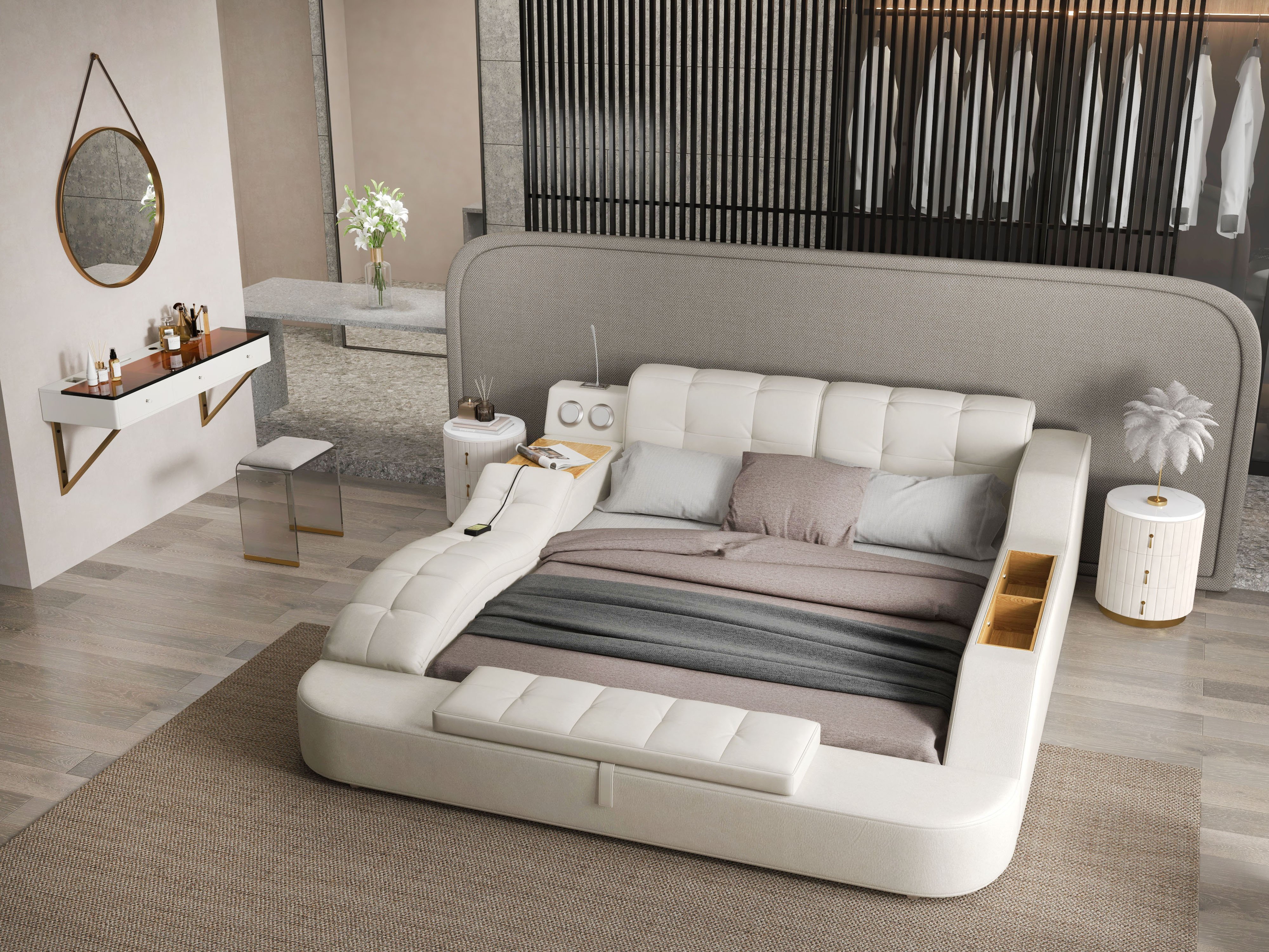 HMR - Ultimate Smart Bed King Tufted Upholstered Platform Bed with Massage, Storage & Speaker