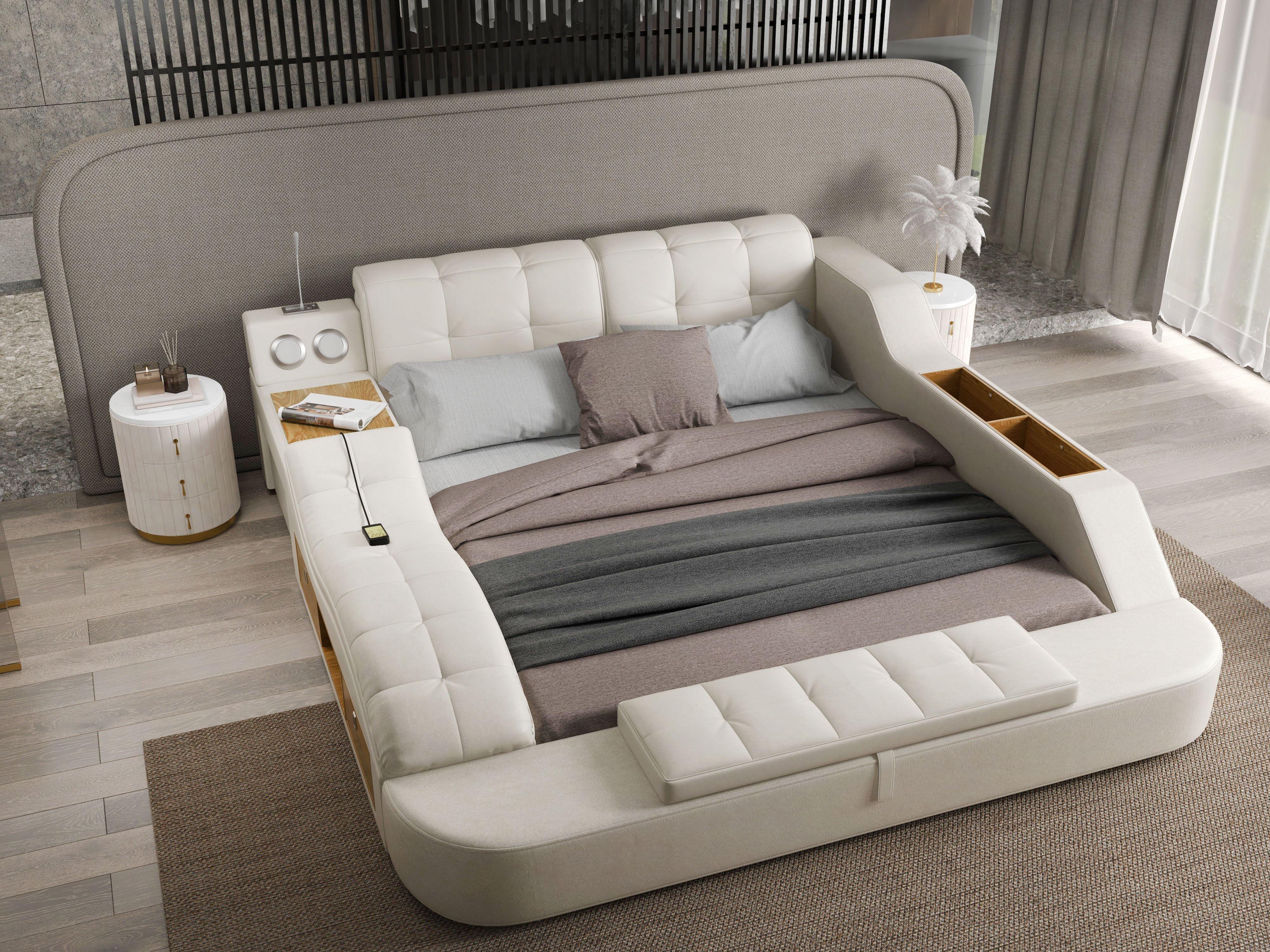 HMR - Ultimate Smart Bed King Tufted Upholstered Platform Bed with Massage, Storage & Speaker