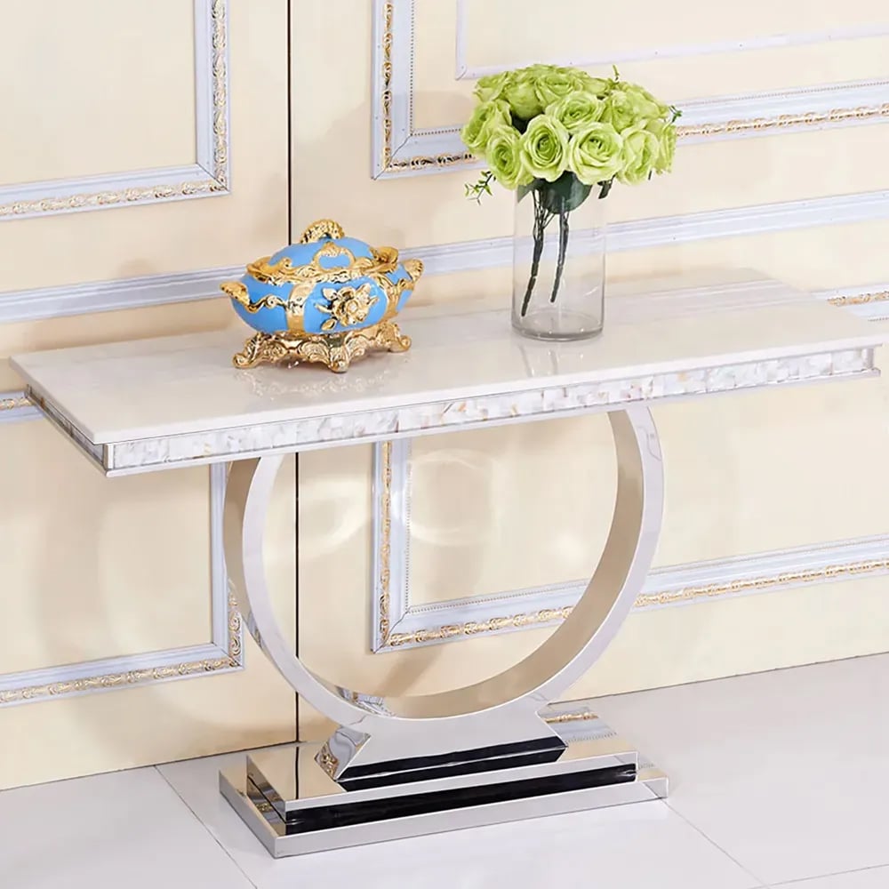 HMR - Modern 63" Rectangle Console Table with Sintered Stone Top & Chrome Base