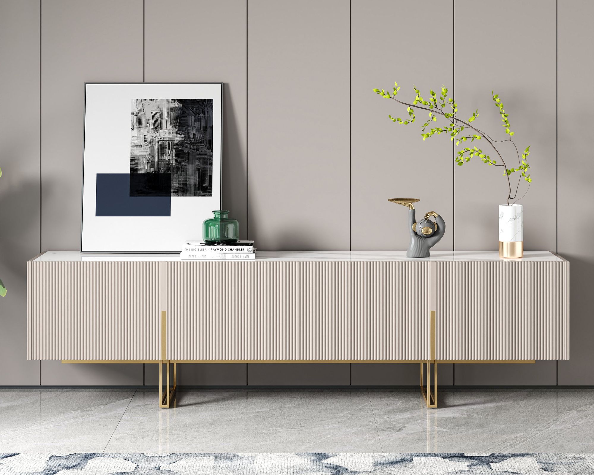 HMR Grovyn Sintered Stone Top Fluted TV Stand with Storage - Off White, 78.7"W x 17.7"D x 23.6"H, Without Fireplace
