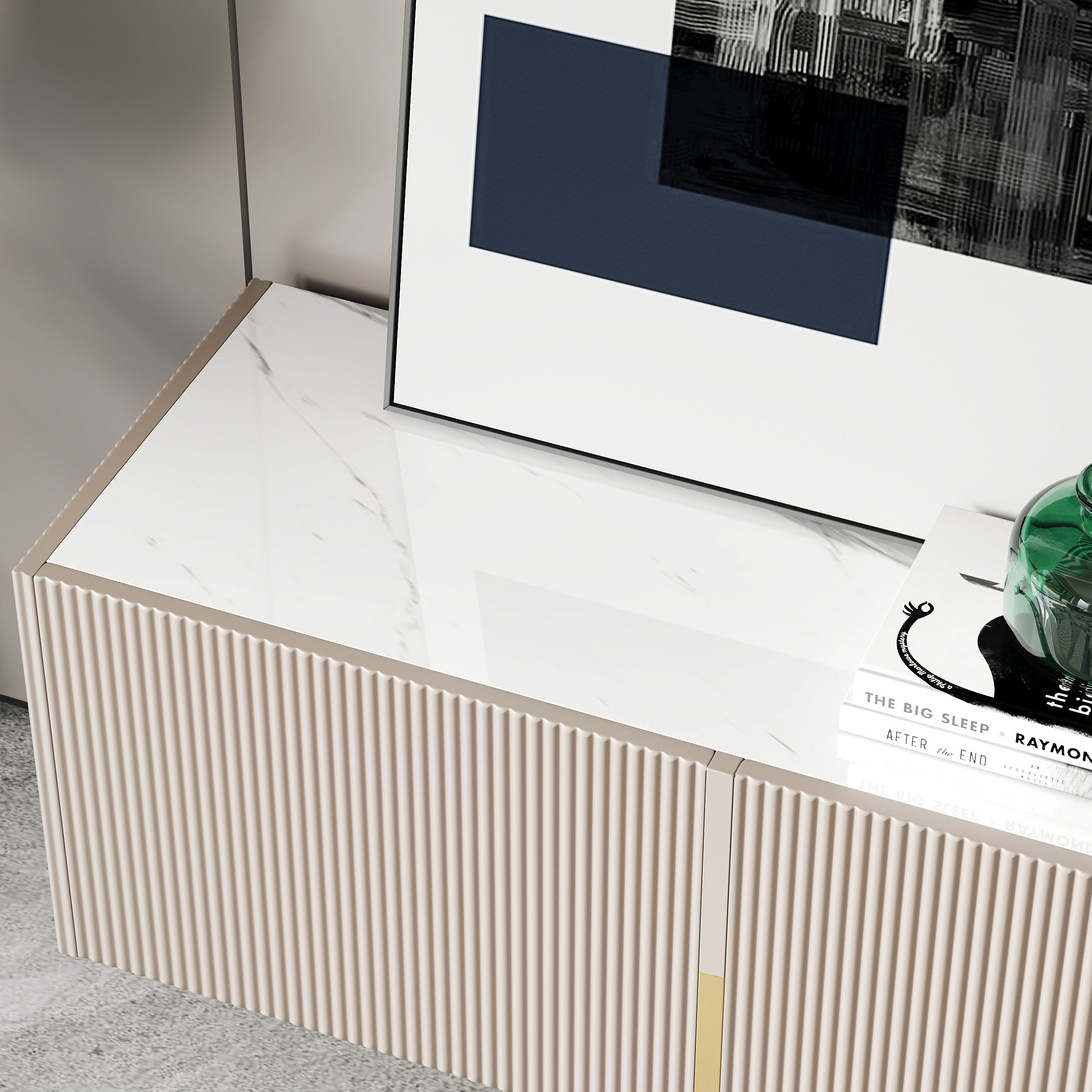 HMR Grovyn Sintered Stone Top Fluted TV Stand with Storage - Off White, 78.7"W x 17.7"D x 23.6"H, Without Fireplace