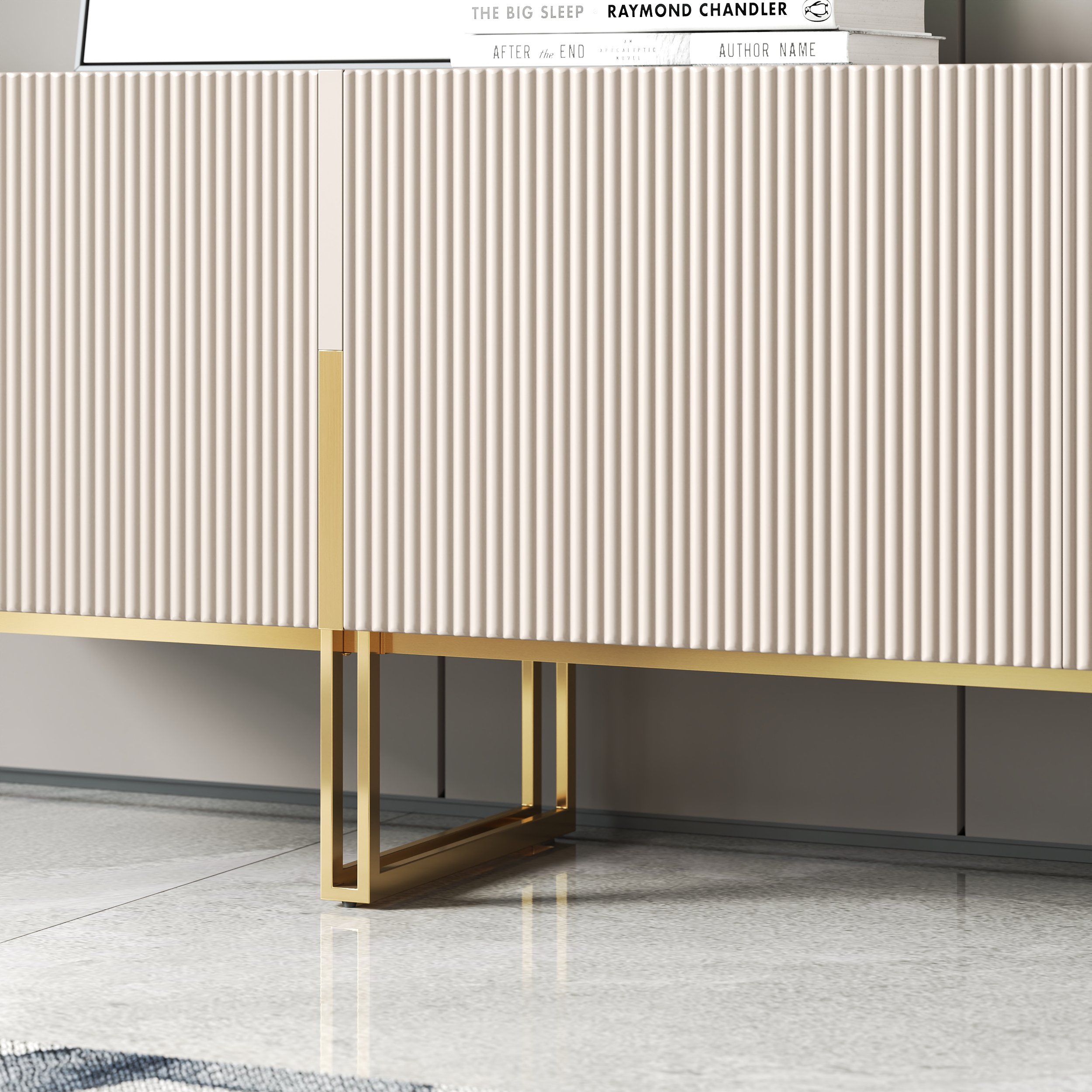 HMR Grovyn Sintered Stone Top Fluted TV Stand with Storage - Off White, 78.7"W x 17.7"D x 23.6"H, Without Fireplace