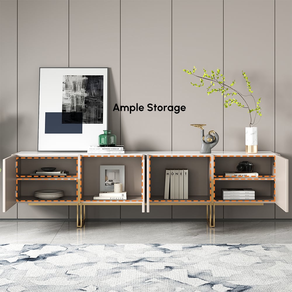 HMR Grovyn Sintered Stone Top Fluted TV Stand with Storage - Off White, 78.7"W x 17.7"D x 23.6"H, Without Fireplace