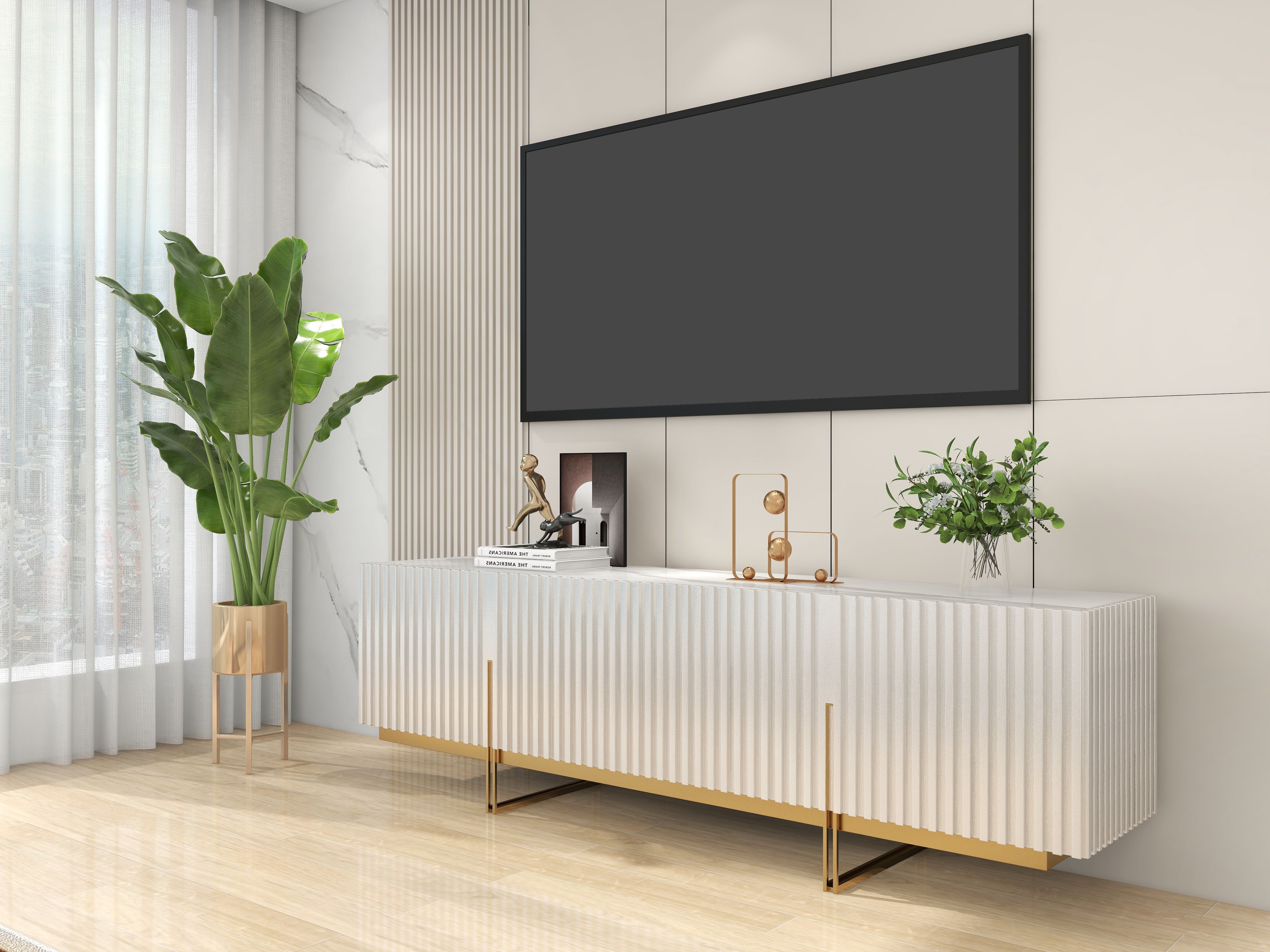 HMR Grovyn Sintered Stone Top Fluted TV Stand with Storage - Off White, 78.7"W x 17.7"D x 23.6"H, Without Fireplace