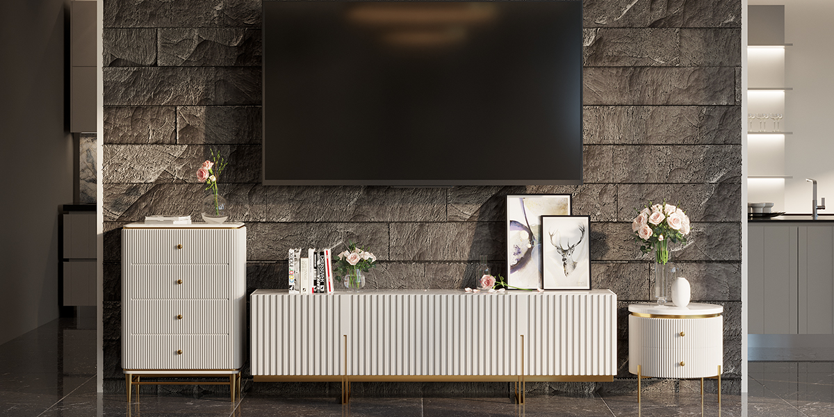 HMR Grovyn Sintered Stone Top Fluted TV Stand with Storage - Off White, 86.6"W x 17.7"D x 23.6"H, Without Fireplace