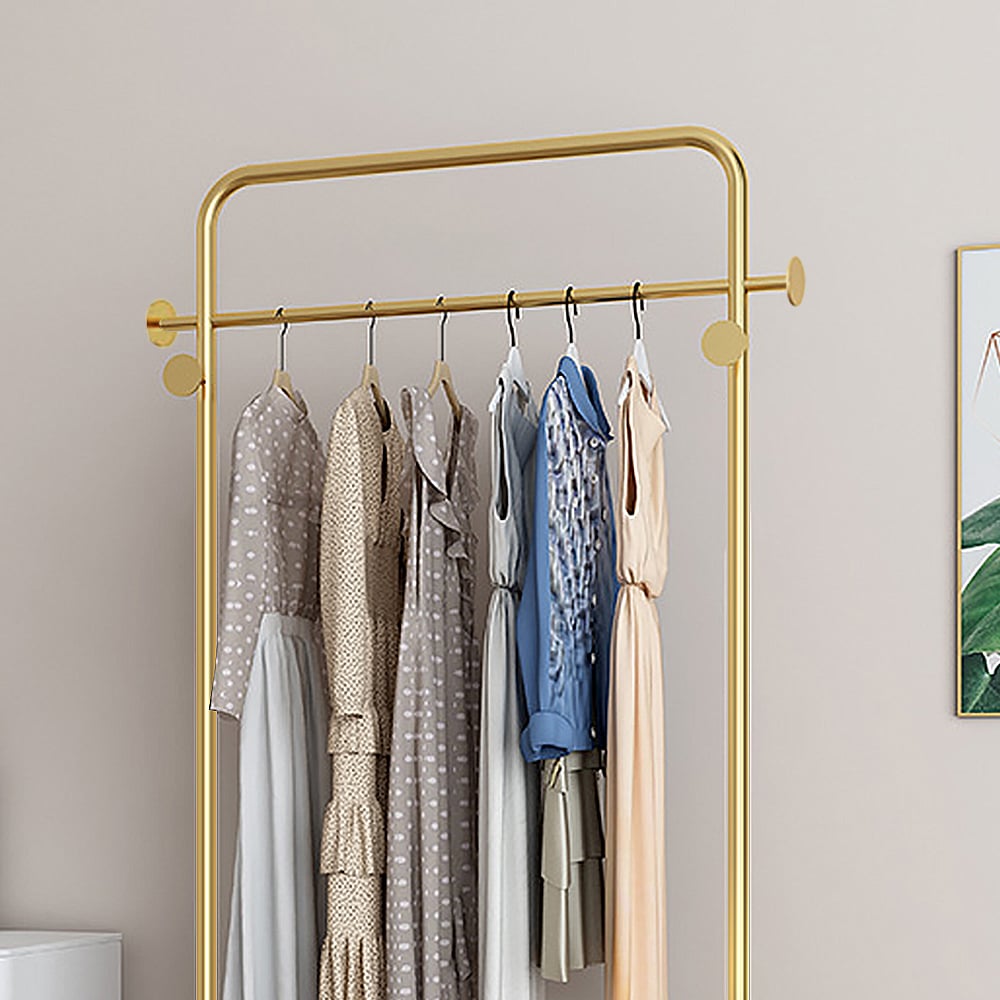 HMR - Metal Freestanding Cloth Rail Rack with Hooks and Marble Base in Gold