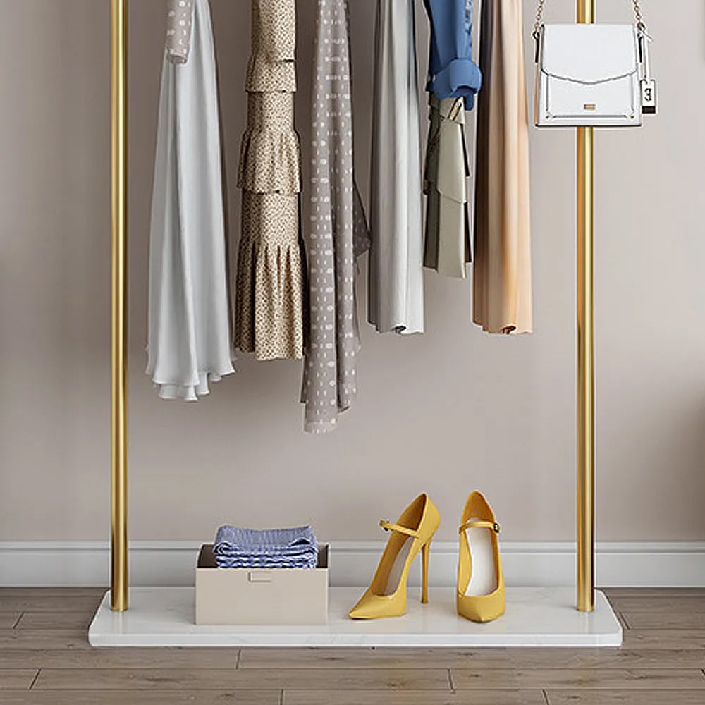 HMR - Metal Freestanding Cloth Rail Rack with Hooks and Marble Base in Gold
