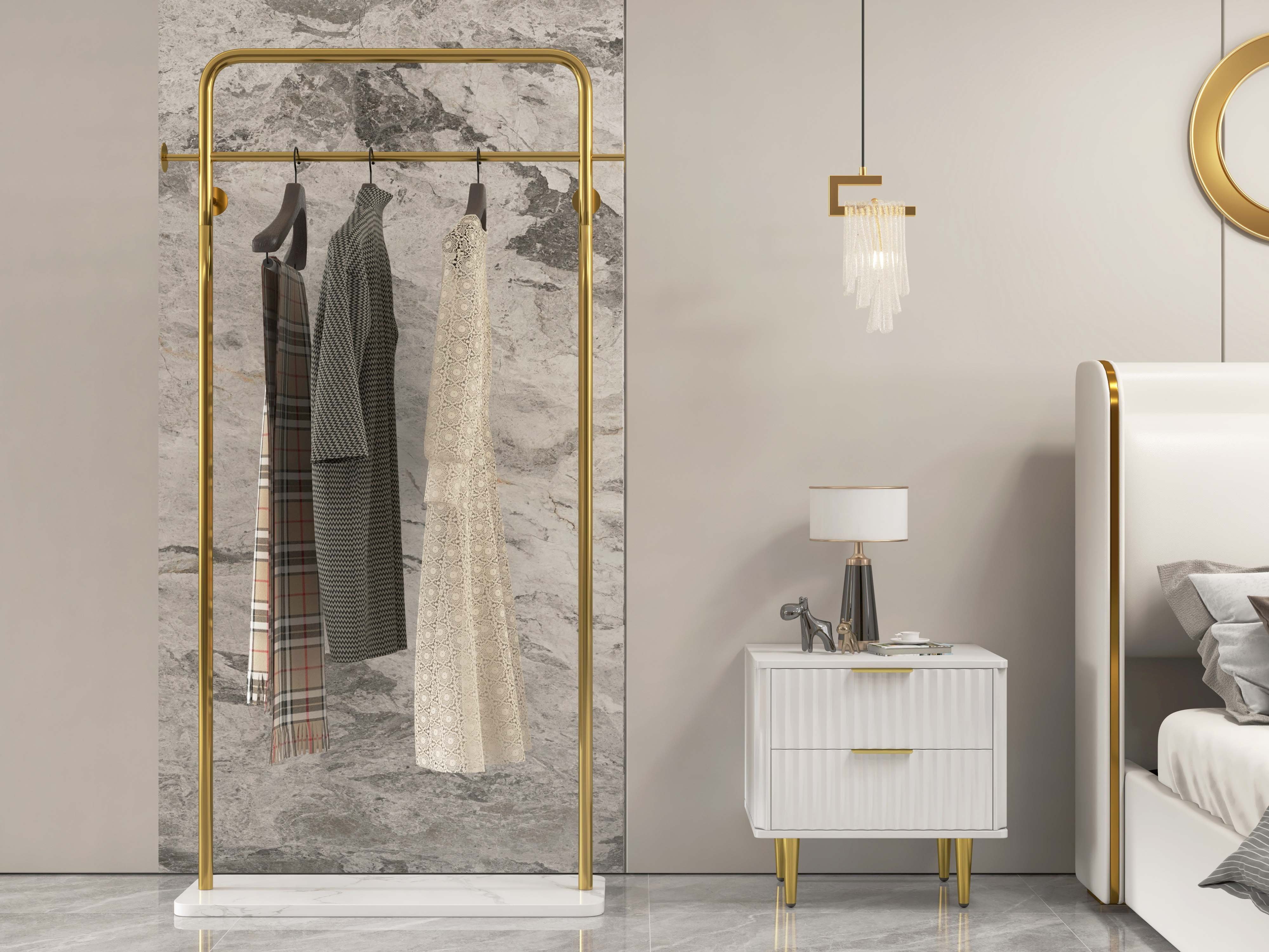 HMR - Metal Freestanding Cloth Rail Rack with Hooks and Marble Base in Gold