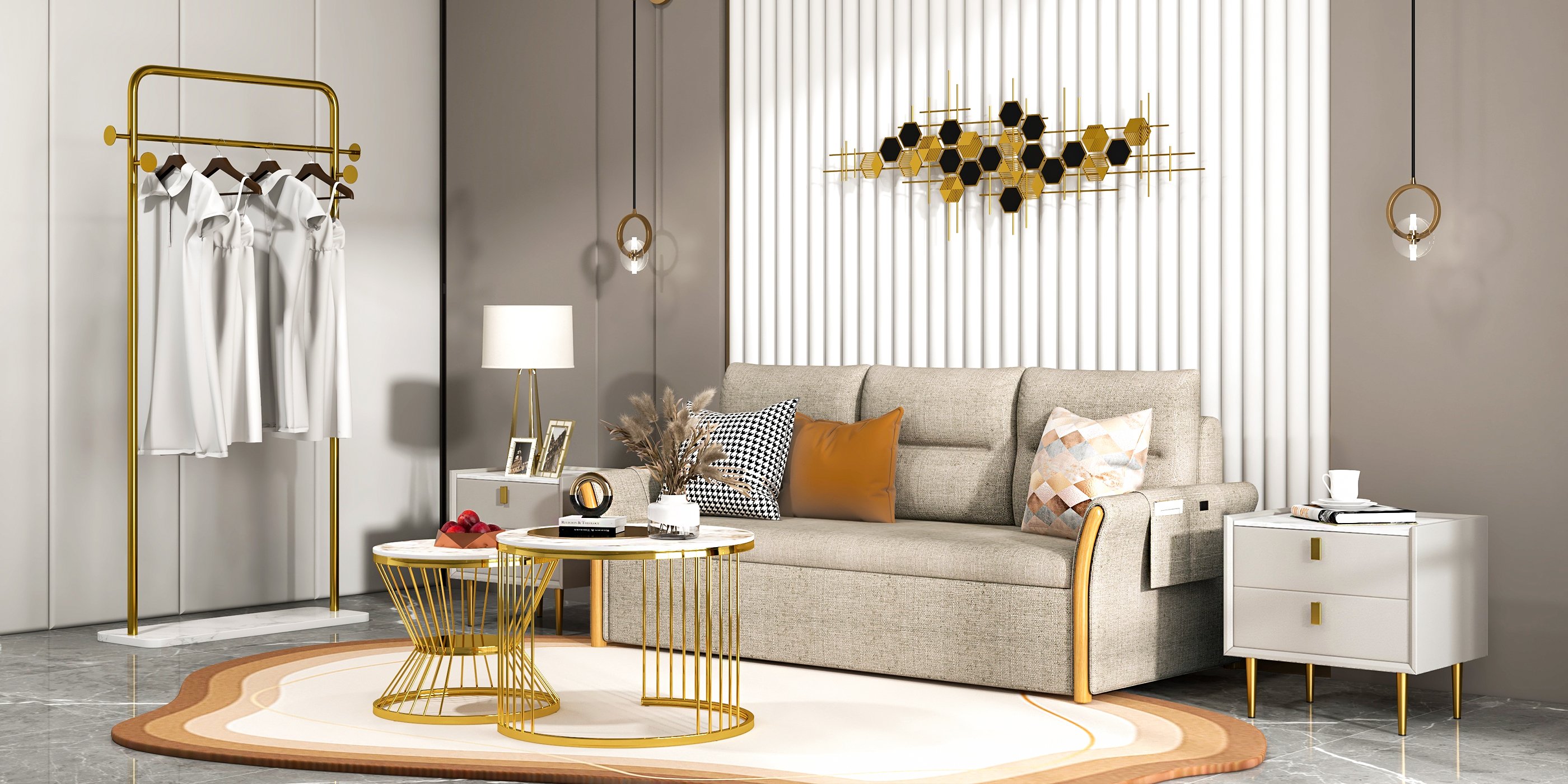 HMR - Metal Freestanding Cloth Rail Rack with Hooks and Marble Base in Gold