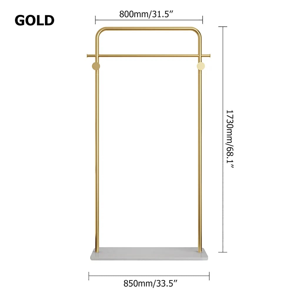 HMR - Metal Freestanding Cloth Rail Rack with Hooks and Marble Base in Gold