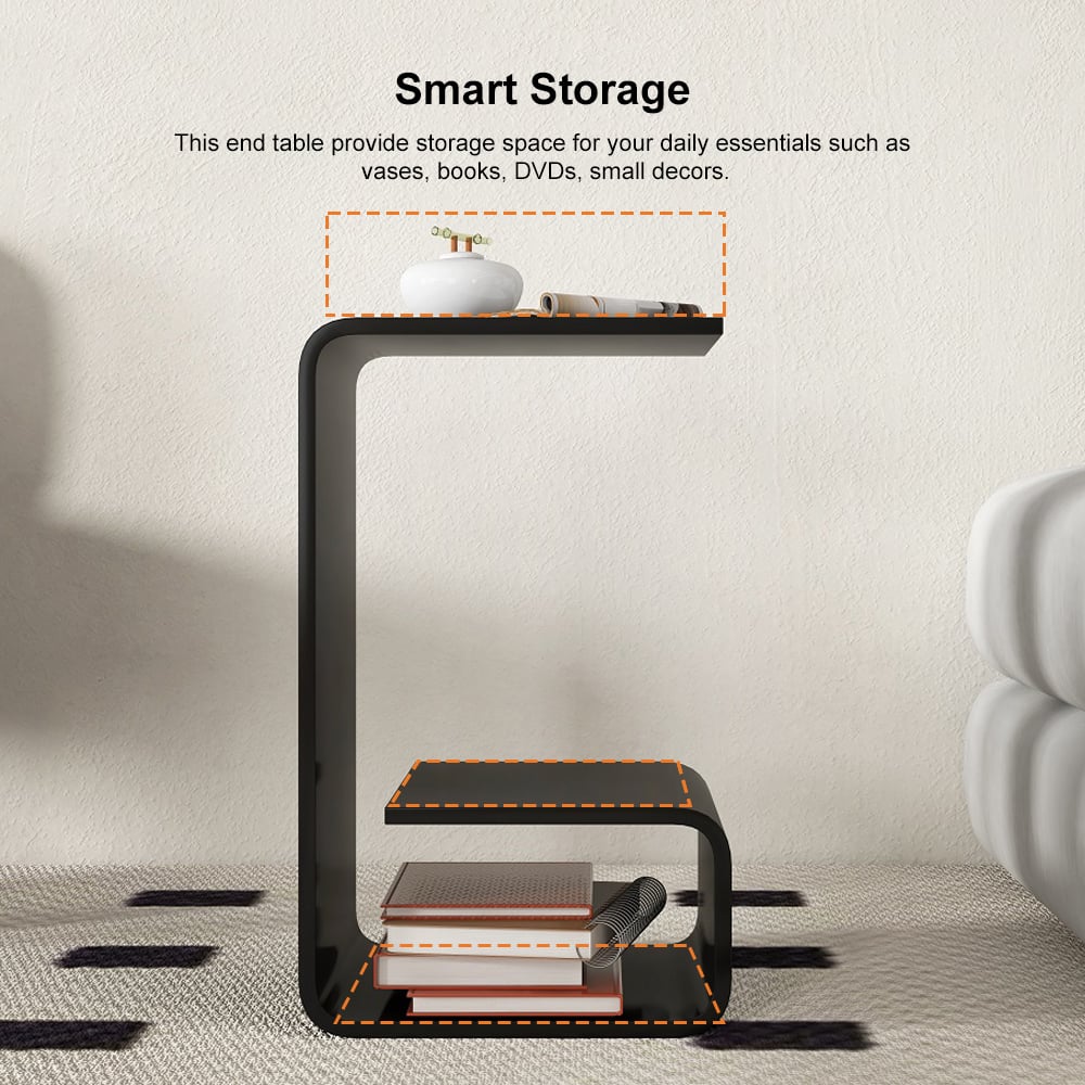 HMR Modern End Table with Storage C-Shaped - Black, Acrylic