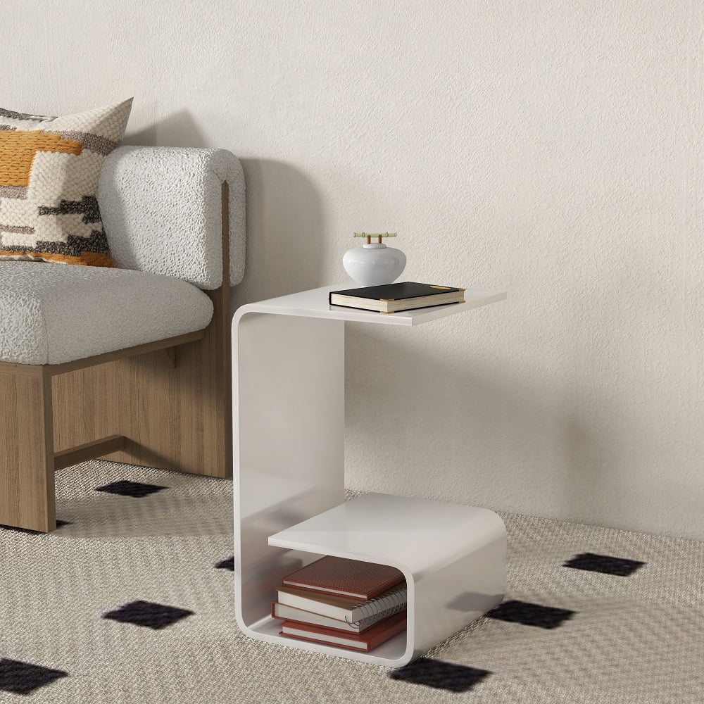 HMR Modern End Table with Storage C-Shaped - White, Acrylic