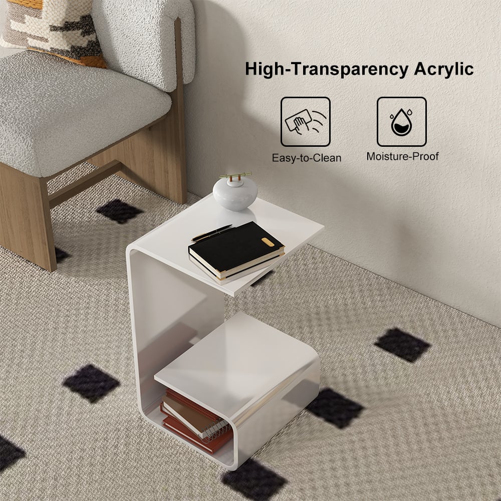 HMR Modern End Table with Storage C-Shaped - White, Acrylic