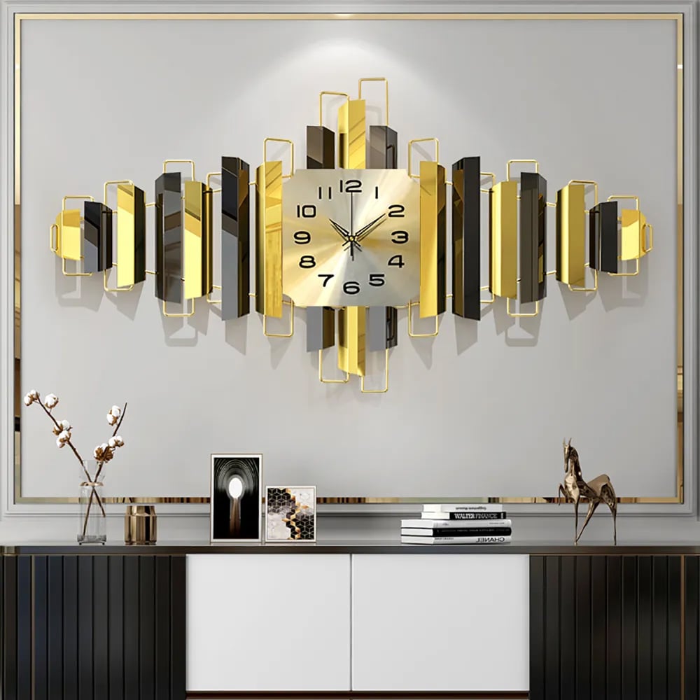 HMR - 3D Oversized Wall Clock Geometric in Black/Gold