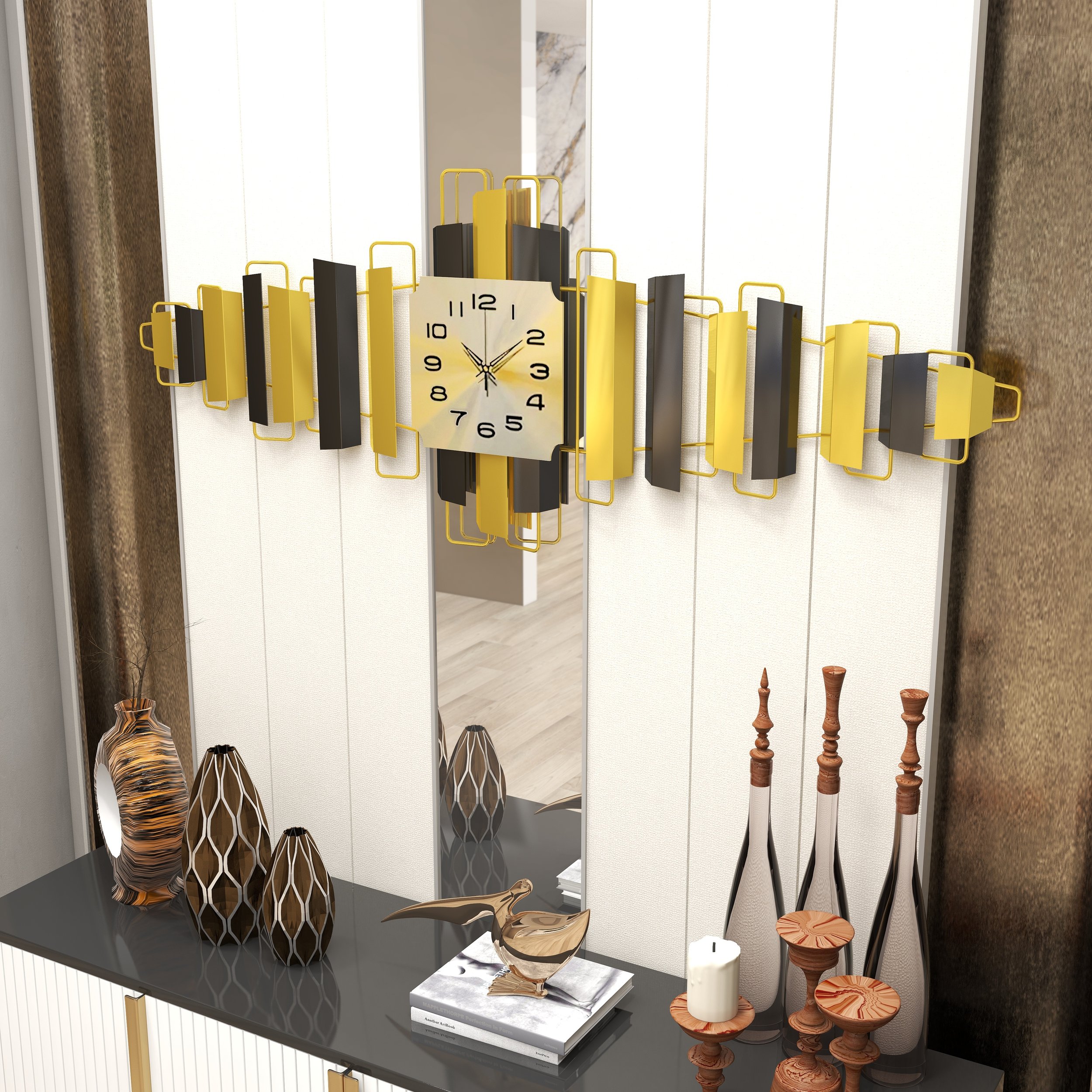 HMR - 3D Oversized Wall Clock Geometric in Black/Gold