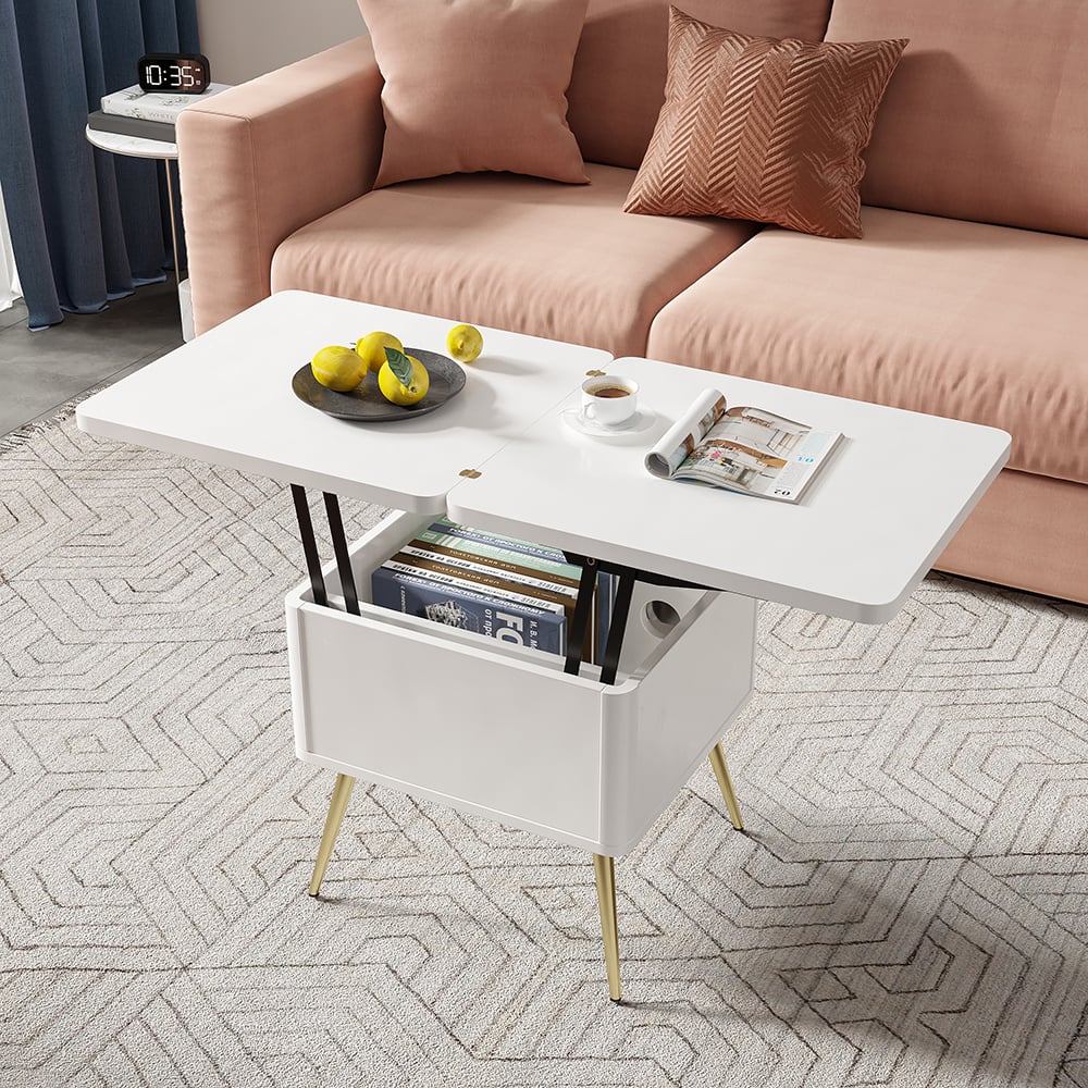 HMR - Modern Multi-functional Coffee Table Extendable with Storage & Lift Top in White