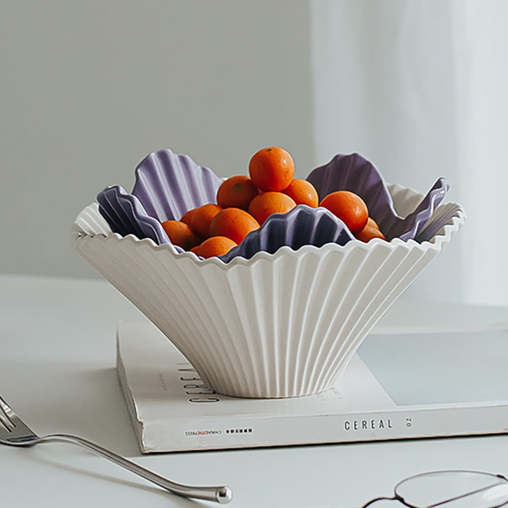 HMR - Set of 2 Ceramic Origami Fruit Bowls Decor Plates in White & Purple