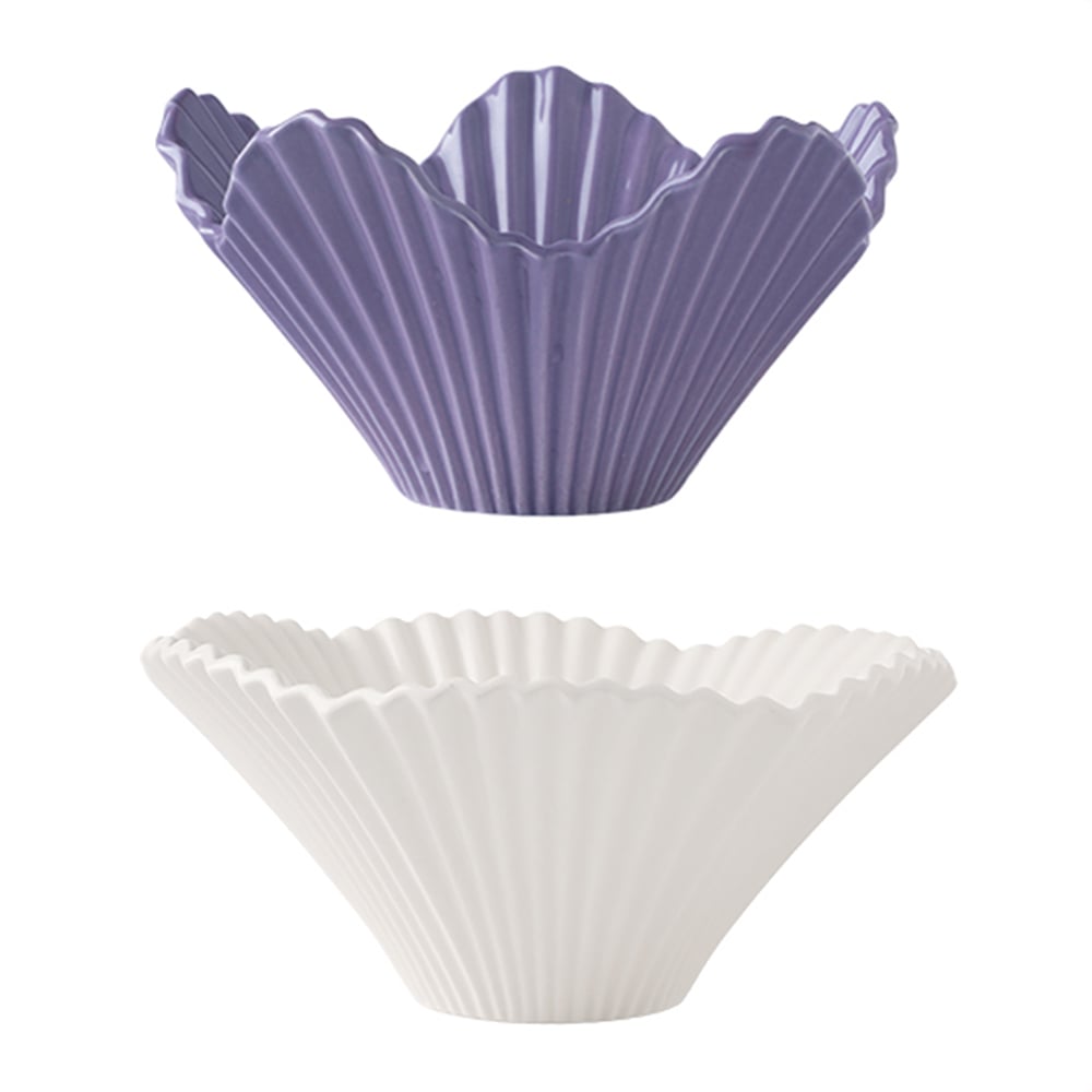 HMR - Set of 2 Ceramic Origami Fruit Bowls Decor Plates in White & Purple