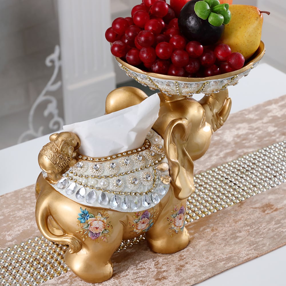 HMR - Gold & White Elephant Fruit Basket with Tissue Box Resin Snack Tray Decor