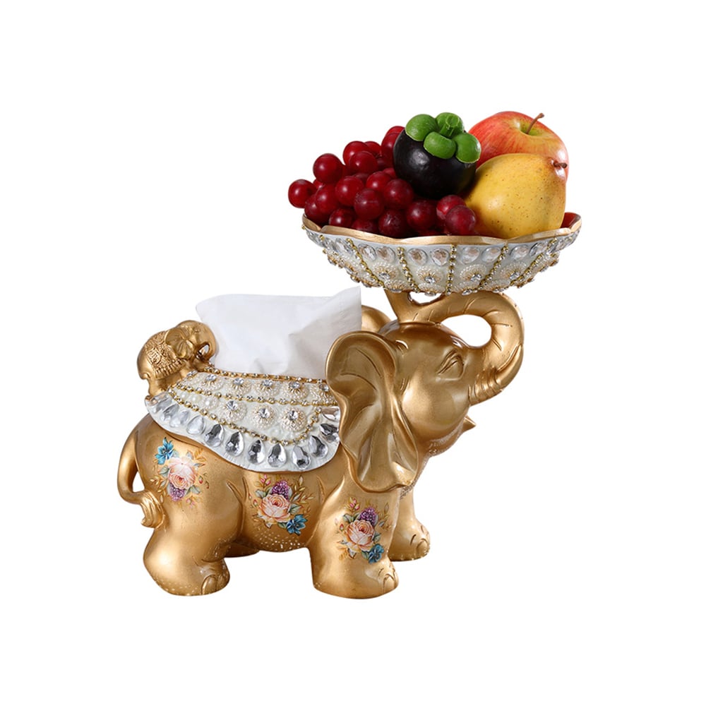 HMR - Gold & White Elephant Fruit Basket with Tissue Box Resin Snack Tray Decor