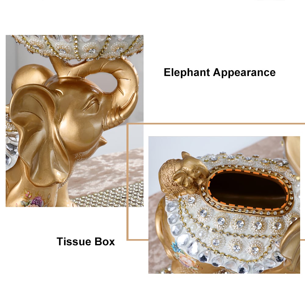 HMR - Gold & White Elephant Fruit Basket with Tissue Box Resin Snack Tray Decor