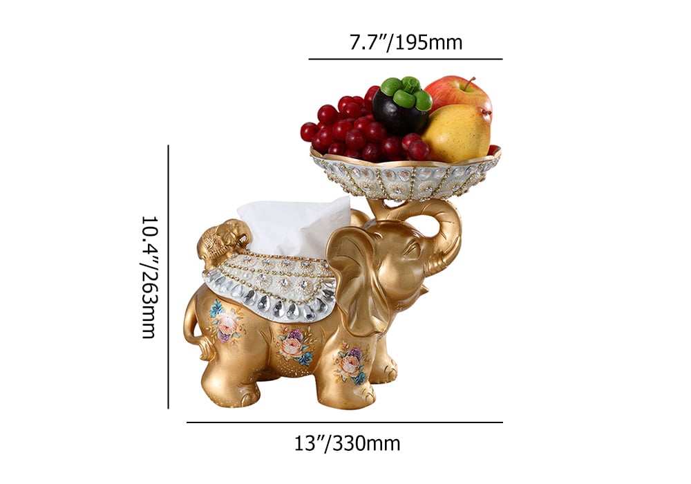 HMR - Gold & White Elephant Fruit Basket with Tissue Box Resin Snack Tray Decor