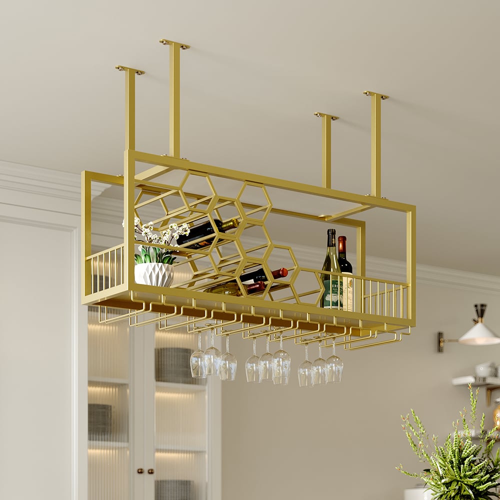 HMR - 38'' Metal Hanging Wine Rack Golden Bar Shelf Floating Wine Glass Holder