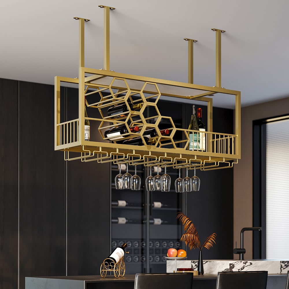 HMR - 38'' Metal Hanging Wine Rack Golden Bar Shelf Floating Wine Glass Holder