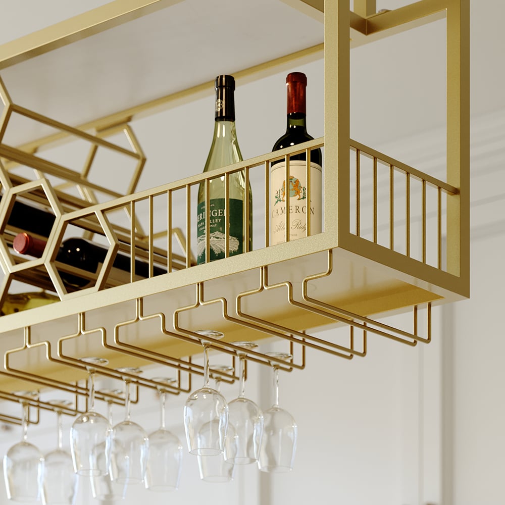 HMR - 38'' Metal Hanging Wine Rack Golden Bar Shelf Floating Wine Glass Holder