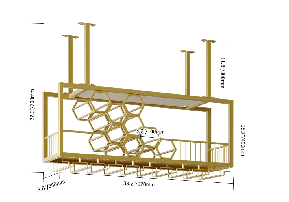 HMR - 38'' Metal Hanging Wine Rack Golden Bar Shelf Floating Wine Glass Holder