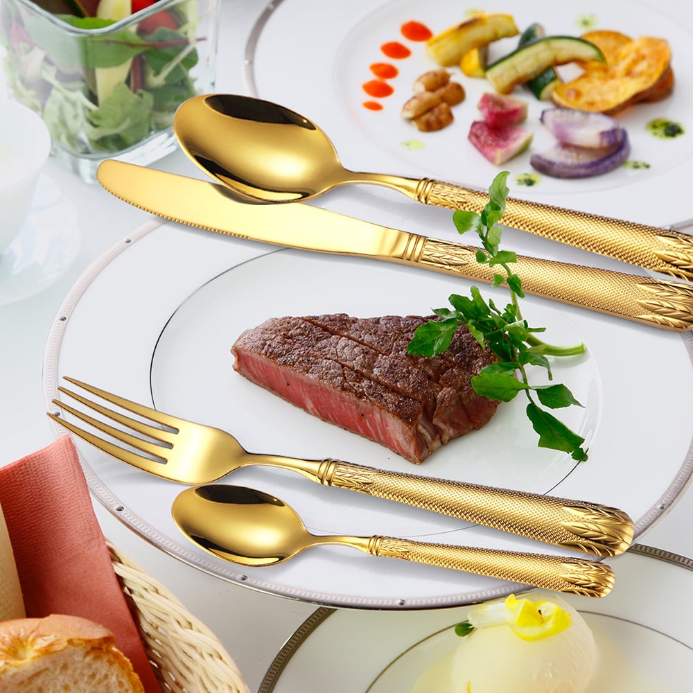 HMR - Luxury Gold Unique Flatware Set for 12 Embossed Stainless Steel Kitchen Cutlery Set