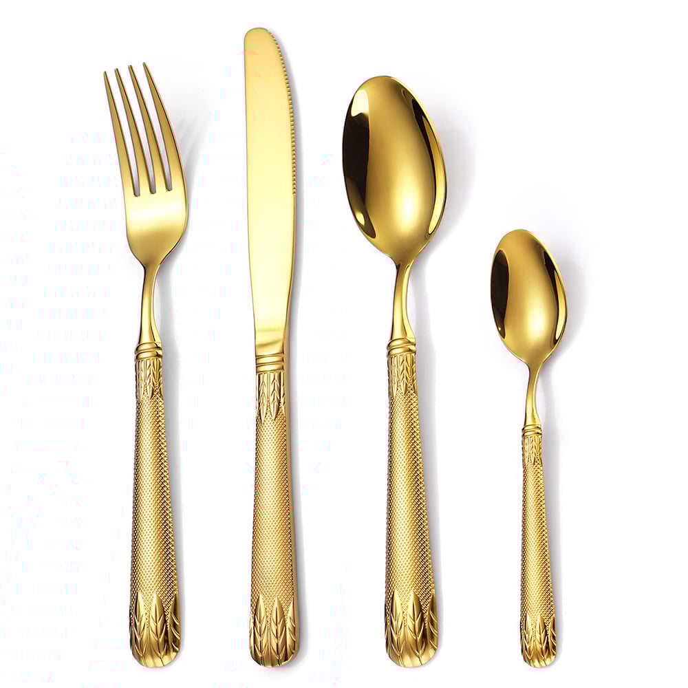 HMR - Luxury Gold Unique Flatware Set for 12 Embossed Stainless Steel Kitchen Cutlery Set