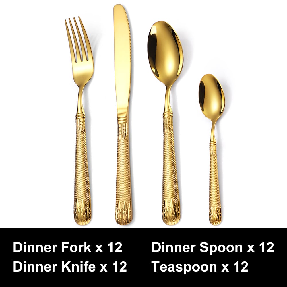 HMR - Luxury Gold Unique Flatware Set for 12 Embossed Stainless Steel Kitchen Cutlery Set