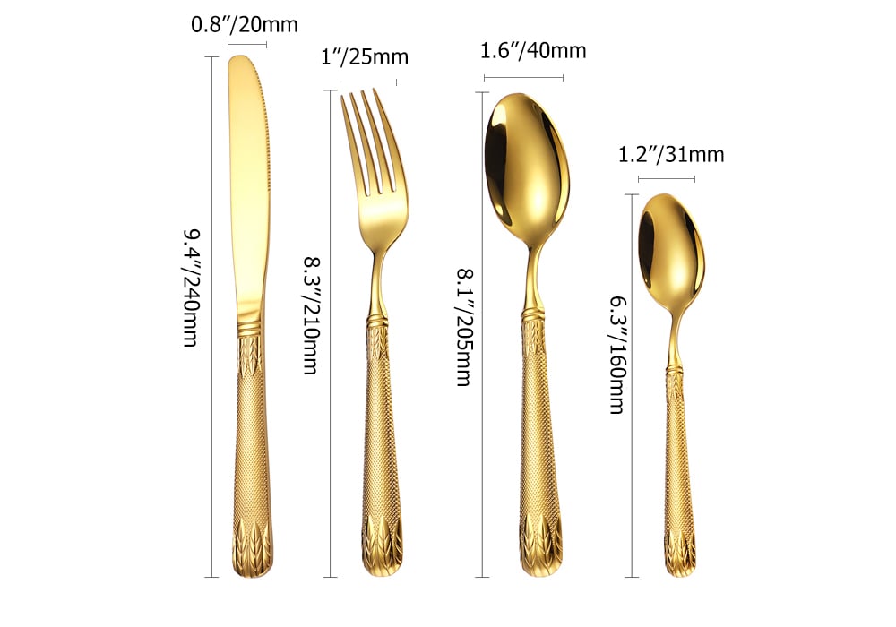 HMR - Luxury Gold Unique Flatware Set for 12 Embossed Stainless Steel Kitchen Cutlery Set