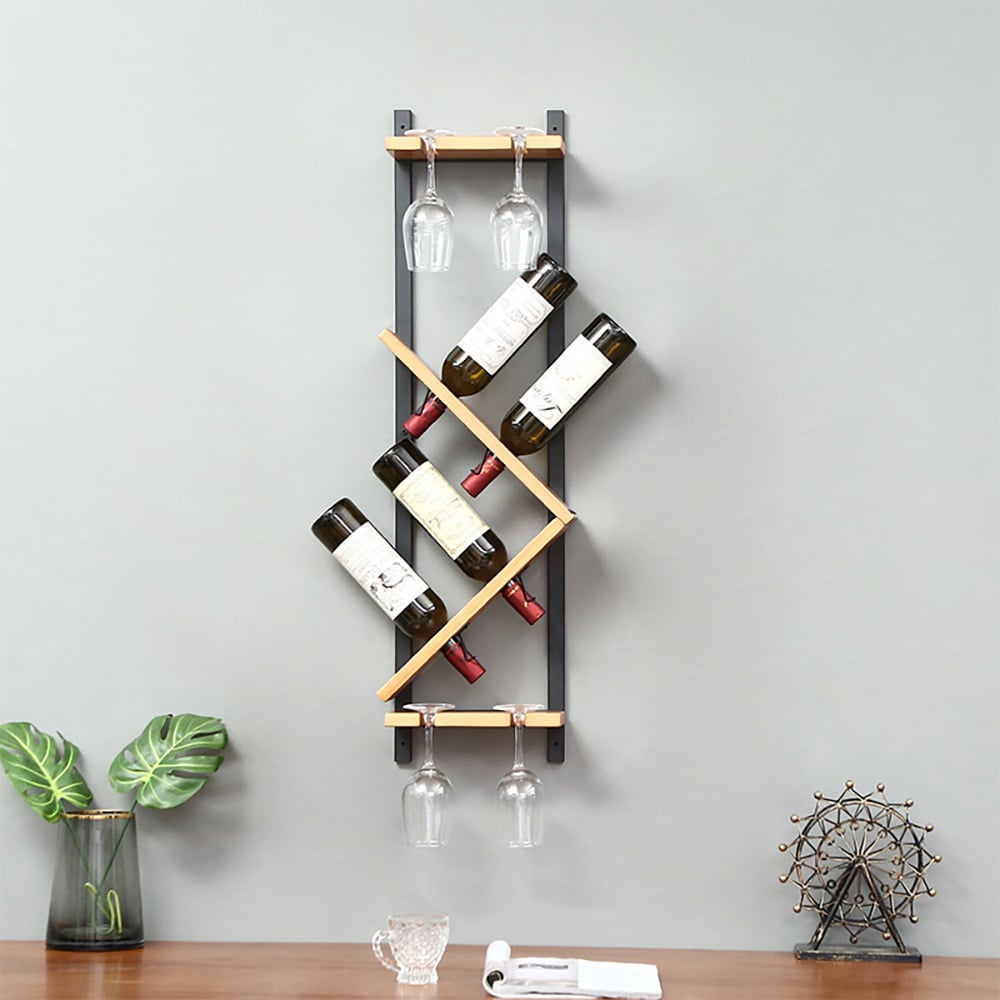 HMR - Modern Wall Mounted Wood Wine Rack 4-Bottle & 4 Wine Glass Rack Stemware Holder Rack