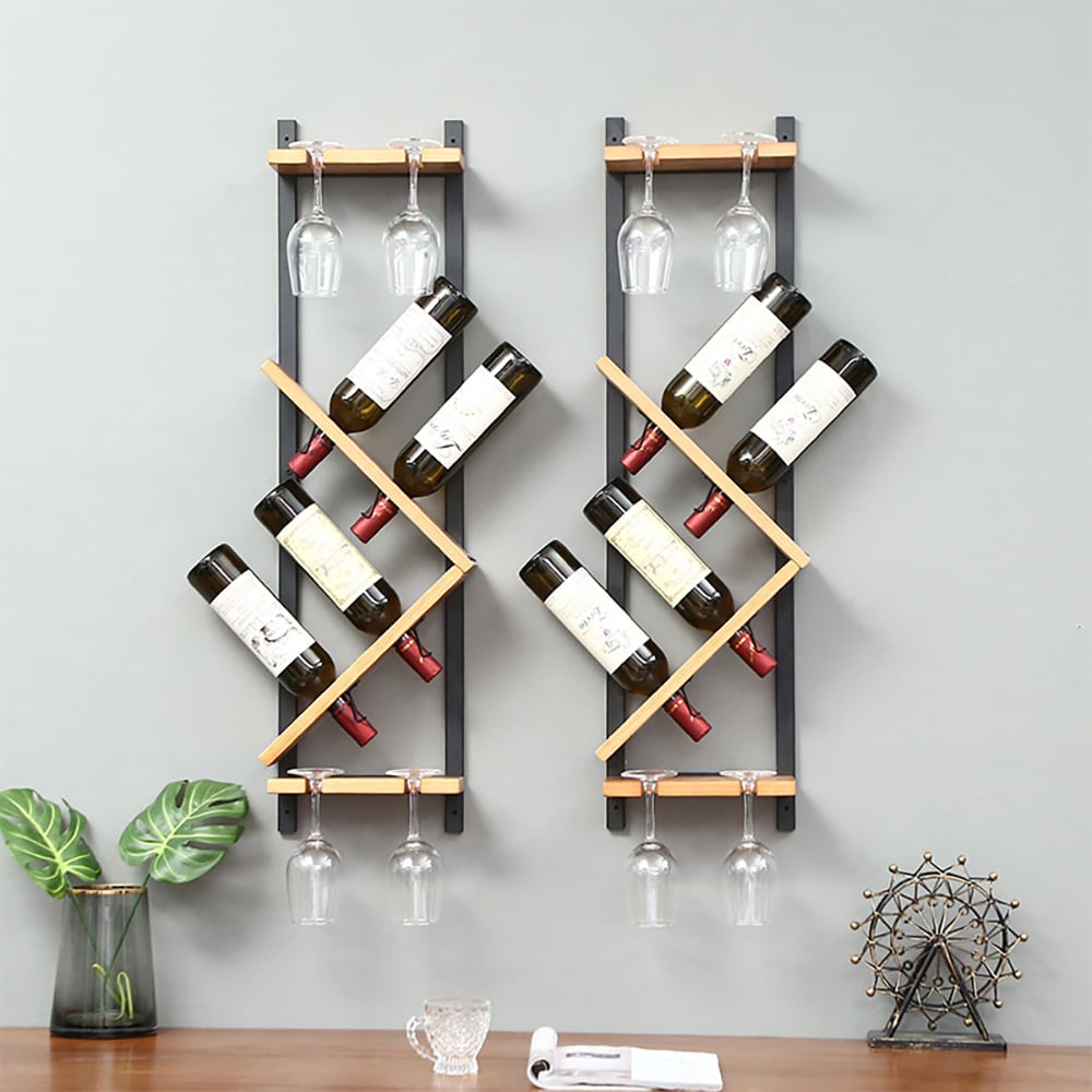 HMR - Modern Wall Mounted Wood Wine Rack 4-Bottle & 4 Wine Glass Rack Stemware Holder Rack