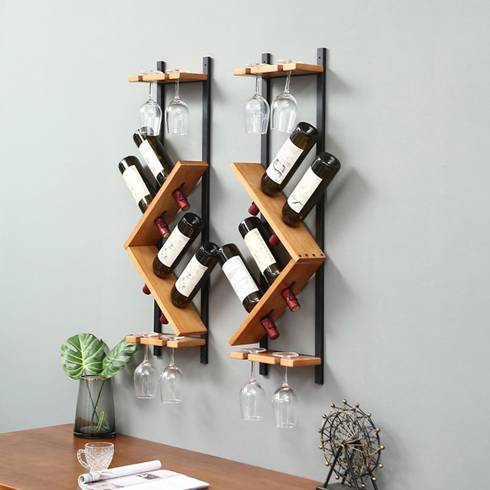HMR - Modern Wall Mounted Wood Wine Rack 4-Bottle & 4 Wine Glass Rack Stemware Holder Rack