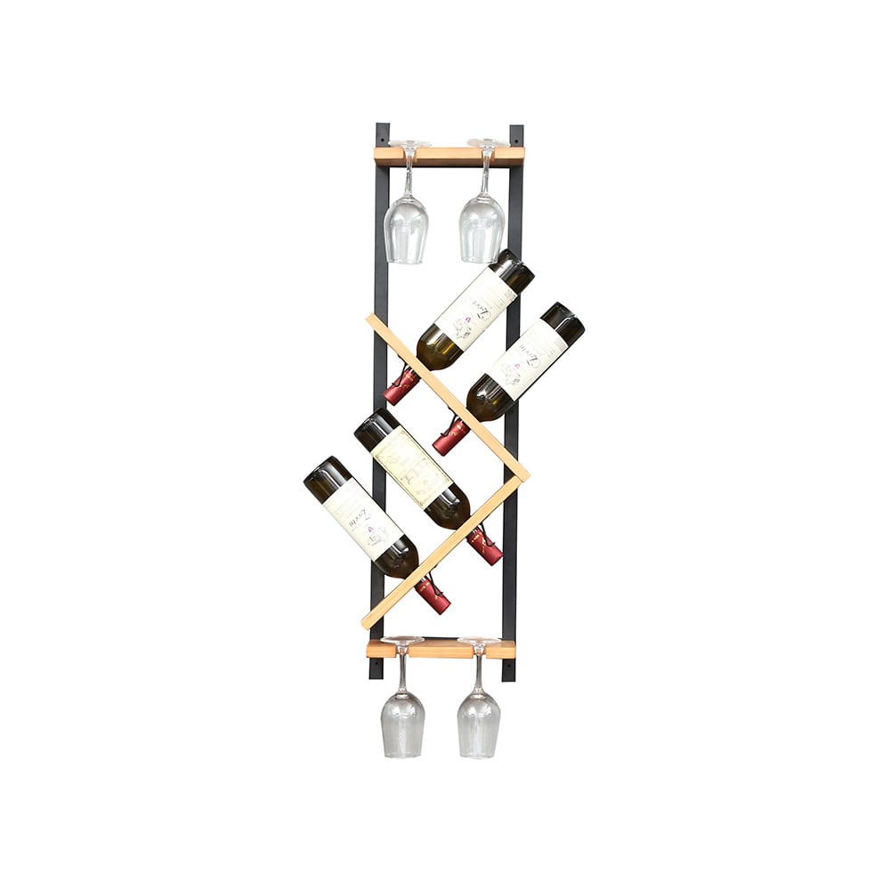 HMR - Modern Wall Mounted Wood Wine Rack 4-Bottle & 4 Wine Glass Rack Stemware Holder Rack