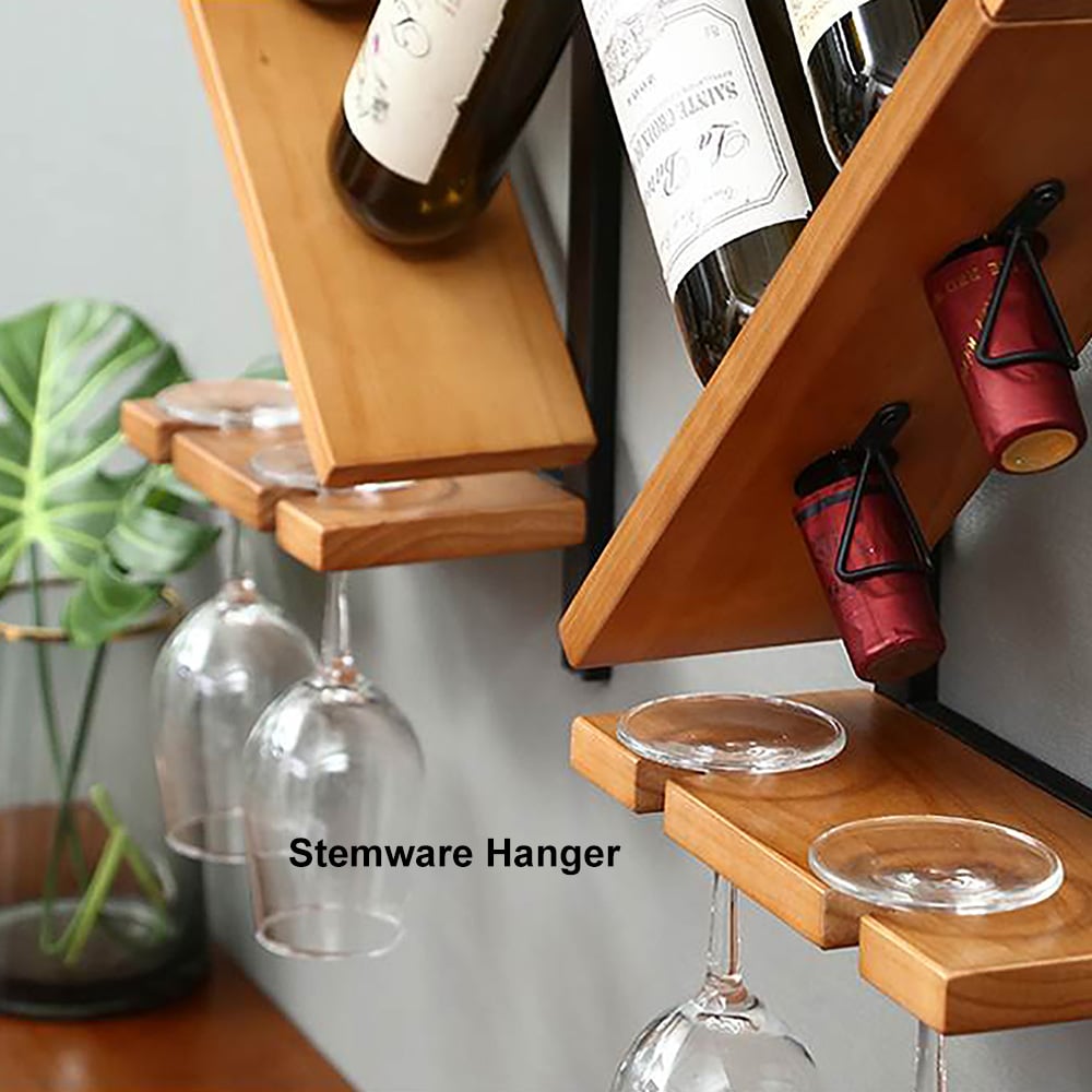 HMR - Modern Wall Mounted Wood Wine Rack 4-Bottle & 4 Wine Glass Rack Stemware Holder Rack